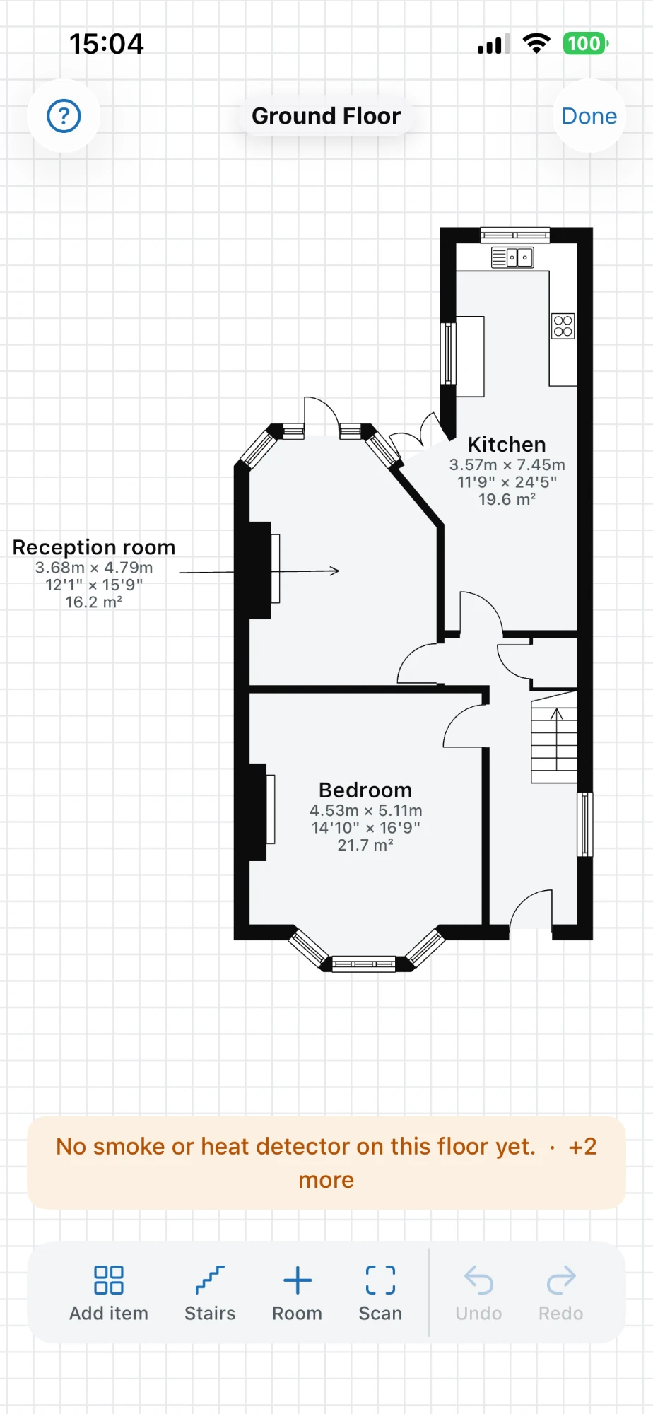 Lintel floorplan editor on iPhone — a measured ground-floor plan with room areas and the drawing toolbar